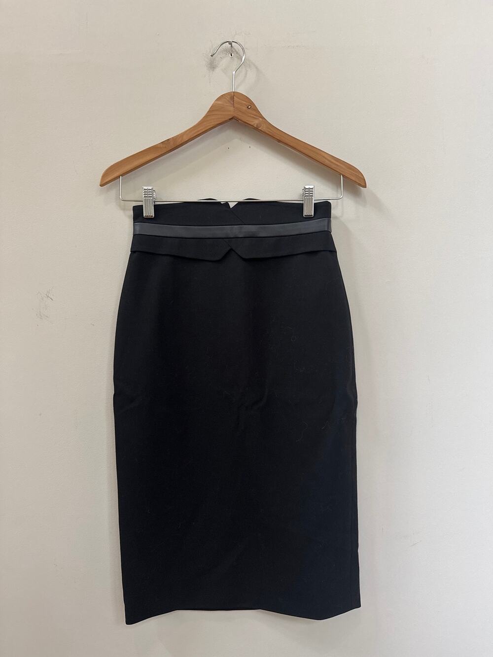Karen Millen Black Pencil Skirt Wool Faux Leather Trim Interview Career Business